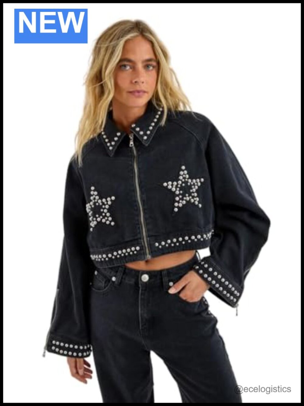 Cropped Denim Jacket with Star Studs, Long Sleeve, Button Front, Cotton